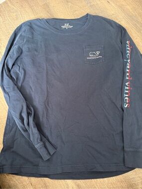 Vineyard Vines Navy Long-Sleeve Pocket Tee with Red Sleeve Logo